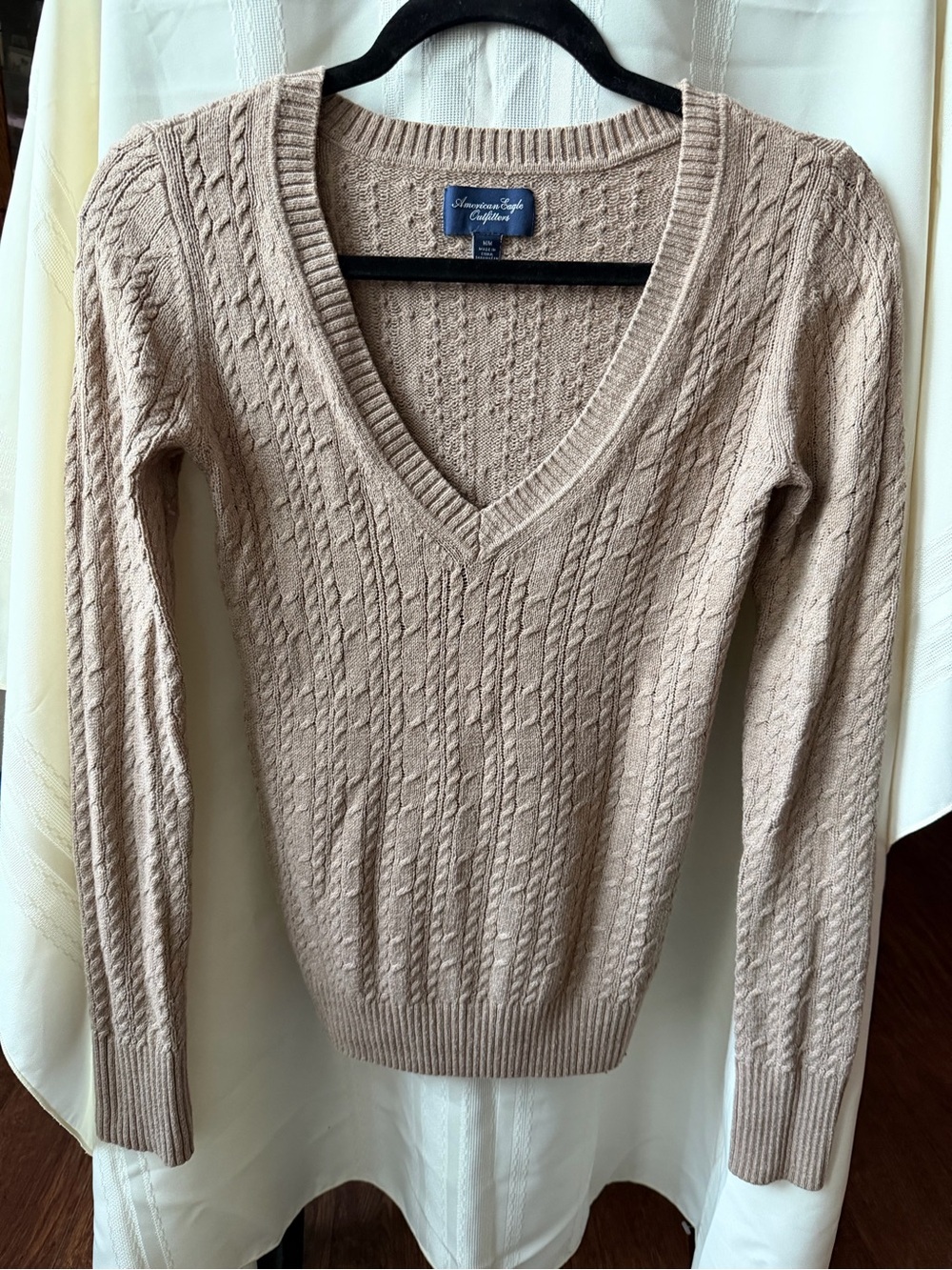American Eagle Outfitters Beige Cable-Knit V-Neck Sweater